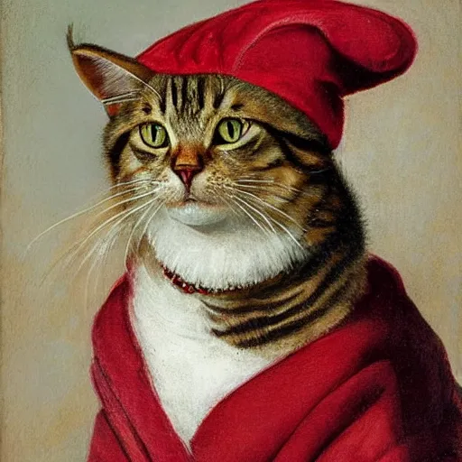 Prompt: a tabby cat wearing a red robe in the style of Rembrandt