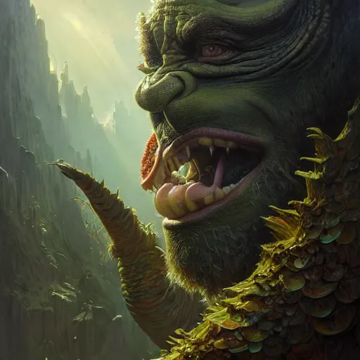 Image similar to a hyperrealistic illustration of a mix of an oger and giant and goblin, 8 k ultra realistic creature, detailed intricate, with fractal sunlight, award - winning, masterpiece, in the style of tom bagshaw, cedric peyravernay, peter mohrbacher