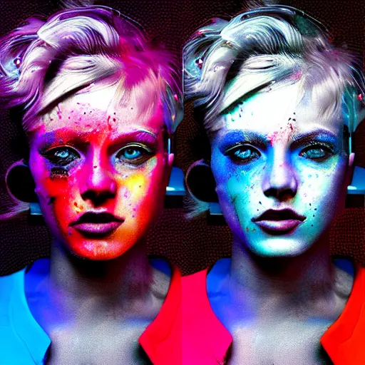 Image similar to portrait made out of exploding paint, punk rock women, short blond hair, octane render, highly detailed, realistic, beautiful, splashes of neon, comic book art