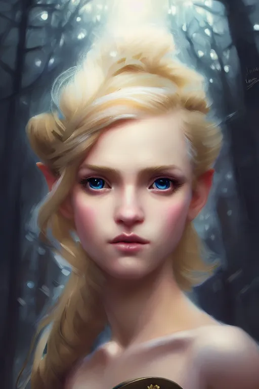 Image similar to cinematic shot of an epic portrait of a cute blonde fairy dressed in military clothes, stylised military clothes, shiny skin, beautiful eyes, beautiful, small details, night setting, realistic poster with volumetric light from craig mallism, artgerm, jeremy lipkin and michael garmash, unreal engine, radiant light, digital art, trends at art station, a masterpiece