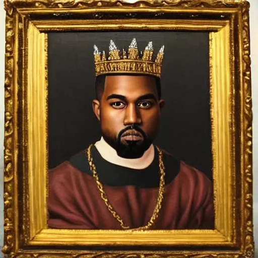 Image similar to a renaissance style portrait painting of kanye west wearing a crown