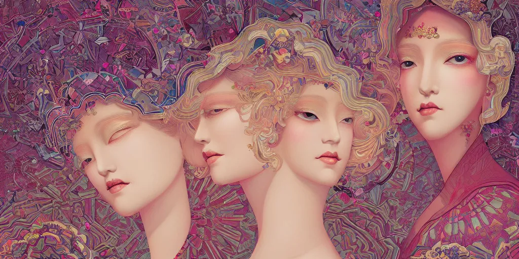 Image similar to breathtaking detailed concept art painting kaleidoscope art deco pattern of blonde faces goddesses by hsiao - ron cheng, amalgamation flowers, bizarre compositions, exquisite detail, extremely moody lighting, 8 k