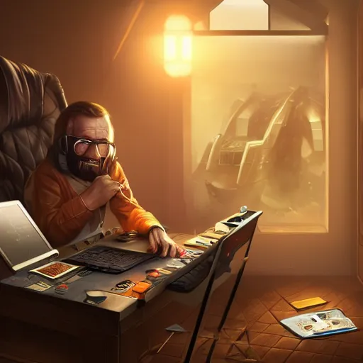 Image similar to realistic rich man using laptop in gaming room, money on floor, artstation trends, sci fi concept art, highly detailed, intricate, sharp focus, digital art, 8 k