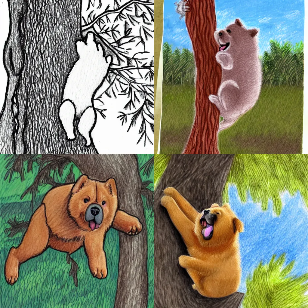 Prompt: A drawing of a Chow Chow dog climbing up a tree