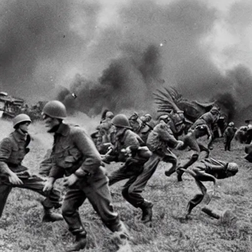 Image similar to WWII photograph of dinosaurs attacking nazi batallions