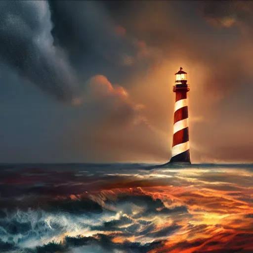 Image similar to beautiful digital painting about a scary light house glowing in the dark of a stormy night, trending on artstation, gloomy, moody, highly detailed