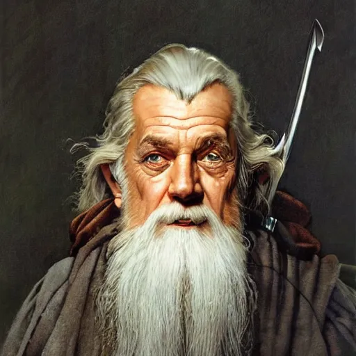 Prompt: Gandalf Stormcloak head and shoulders portrait by norman Rockwell, epic