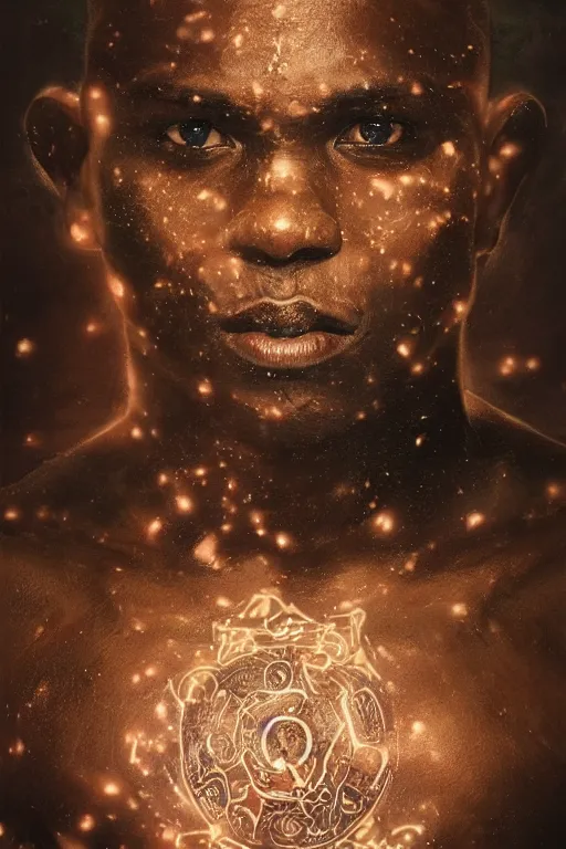 Image similar to A portrait of a dark skinned monk covered in runic tattoos, he is surrounded by glowing floating magical runes, digital art by Ruan Jia , Moebious, Craig Mullin, and Nick Knight