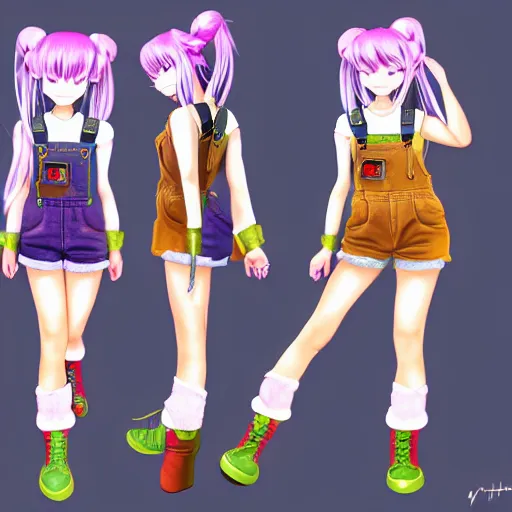 Image similar to full body pose, hd, manga anime portrait of a fairy girl in combat boots and overalls, rainbow hair, in ishikawa ken style, detailed trending award winning on flickr artstation,