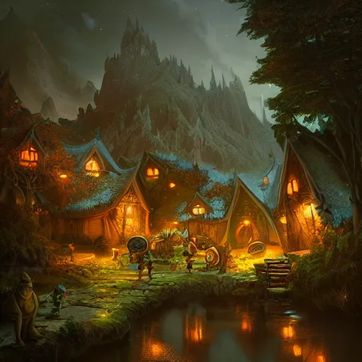 Prompt: night scene of a hobbit village, by peter mohrbacher and dan mumford and nekro, cgsociety, volumetric light, 3 d render