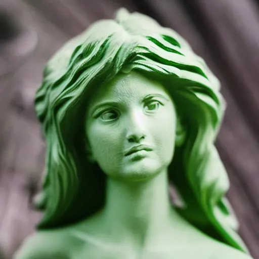 Image similar to A photo of a Biblically accurate angel that's been 3D printed in green filament. 50mm lens, f1.8.