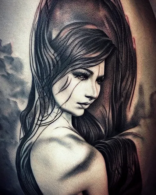 Image similar to tattoo design sketch of a beautiful woman face blended with a faded background of beautiful mountains and nature on her side, hyper - realistic, in the style of den yakovlev, amazing detail, black and white