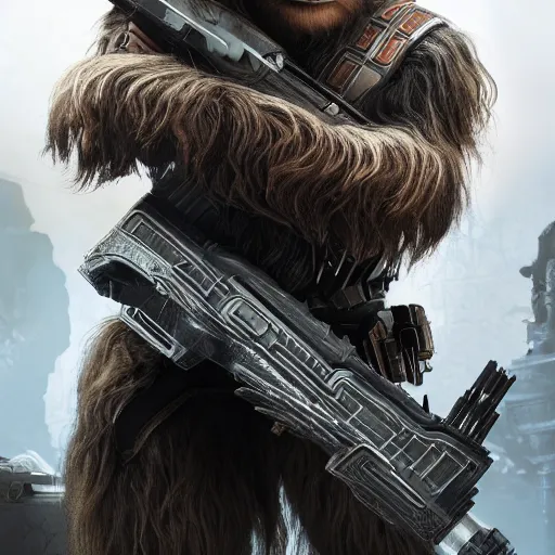 Image similar to chewbacca in gears of war gears of war, splash art, movie still, detailed face, photorealistic facial features, cinematic lighting, dramatic, octane render, long lens, shallow depth of field, bokeh, anamorphic lens flare, 8 k, hyper detailed, 3 5 mm film grain