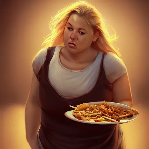 Prompt: portrait of a blonde chubby woman eating kebab, light stubble with red shirt ,digital art,photorealistoc,art by greg rutkowski,hyperdetailed,western comic style,comic,comic style,sharp lineart,professional lighting,deviantart,artstation,trevor henderson,rossdtaws,cinematic,dramatic