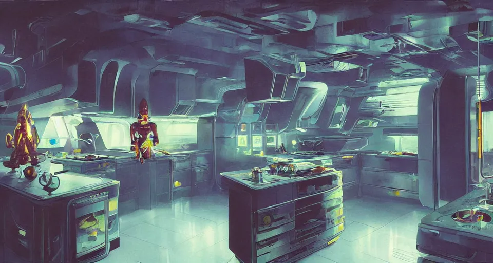 Image similar to IKEA catalogue photo of a cyberpunk kitchen on a spaceship, by Paul Lehr