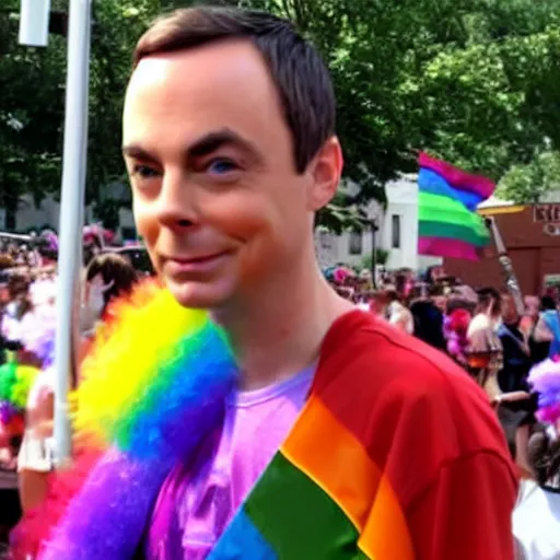 Prompt: sheldon cooper at a pride parade