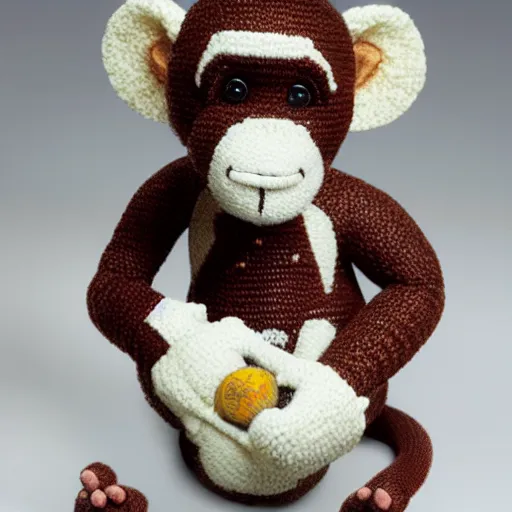 Image similar to a stuffed monkey is sitting on a white surface, a character portrait by toss woollaston, cg society contest winner, rococo, made of beads and yarn, adafruit, made of rubber