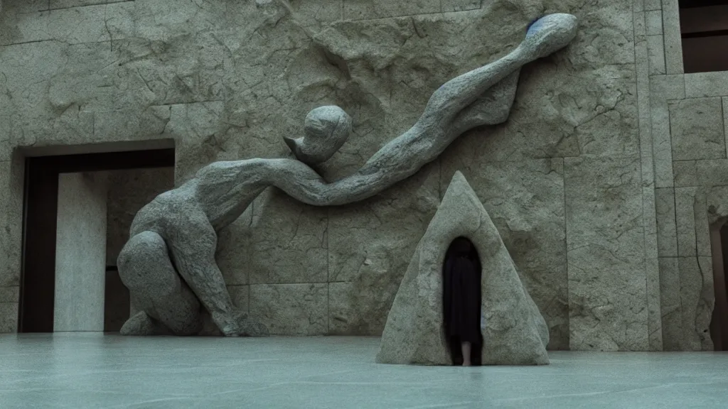 Prompt: the strange creature in line at the bank, made of stone and water, film still from the movie directed by Denis Villeneuve with art direction by Salvador Dalí, wide lens