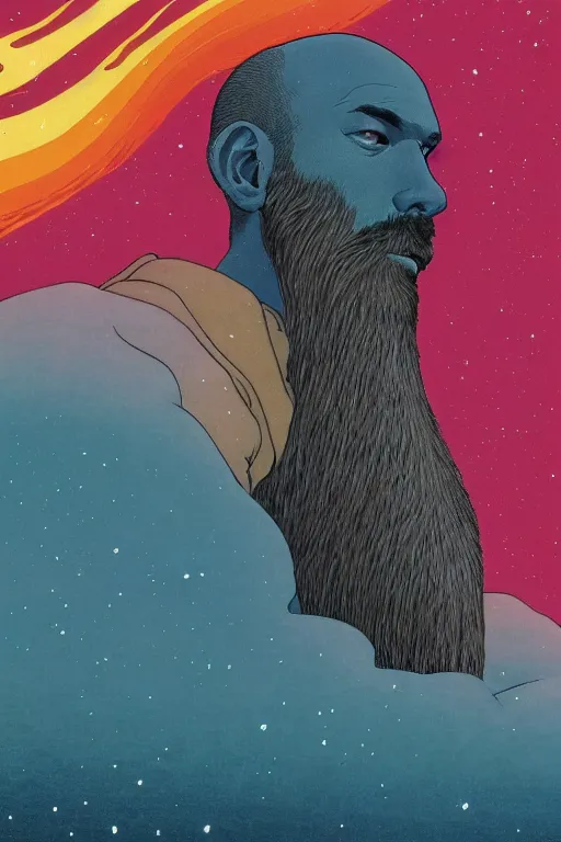 Image similar to a colorful closeup portrait of a young bald man with a very long wild beard dreaming psychedelic hallucinations in the vast icy landscape of antarctica, by kawase hasui, moebius and edward hopper, colorful flat surreal design, hd, 8 k, artstation