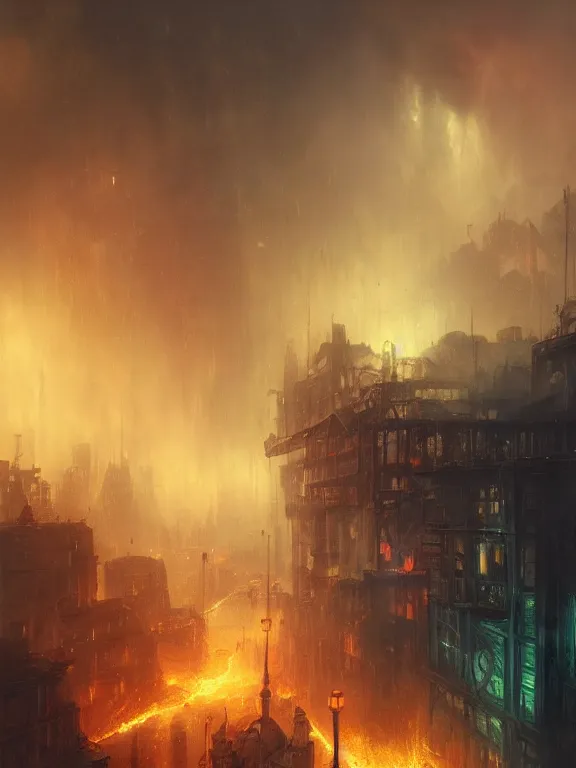 Image similar to photo of 8k ultra realistic burning city of London, heavy storm, rain, full of colour, cinematic lighting, battered, trending on artstation, 4k, hyperrealistic, focused, extreme details,unreal engine 5, cinematic, masterpiece, art by Peter Mohrbacher