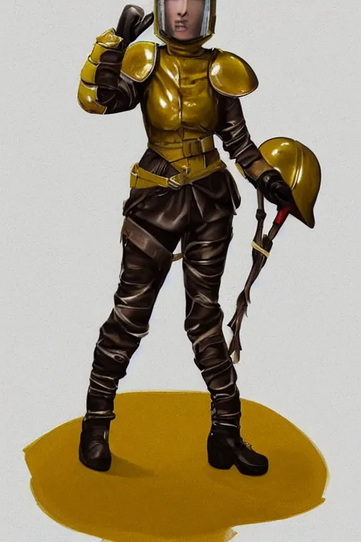 Image similar to female adventurer in tight full - body canary yellow gambeson leather armor of italian design with diamond pattern and brown leather accents and a closed armet helmet with visor down, trending in artstation, establishing shot