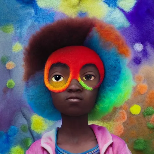 Image similar to a black girl with a colorful afro and rainbow eyes, dressed like a superhero in the city, bokeh, bright colours, watercolor, volumetric wool felting, macro photography, children illustration, by goro fujita