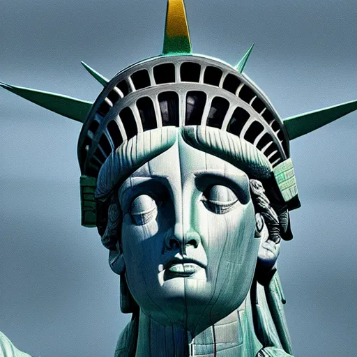 Prompt: extremely realistic statue of liberty, Painting by Erik Johansson, micro detailing