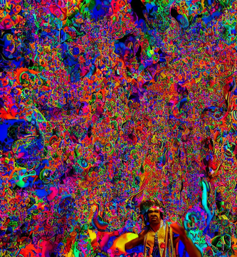 Image similar to colourful biomorphic temple ultrawide angle photography, jimi hendrix full body shot, 8 k