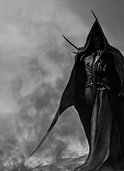 Image similar to portrait of sauron, fire, in the style of akira kurosawa, cinematic, black and white, film grain