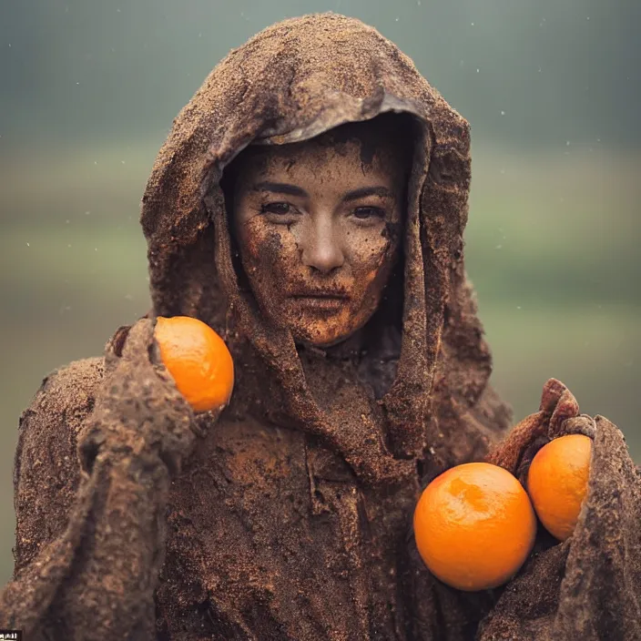 Image similar to a closeup portrait of a woman wearing a hood made of muddy rusty vinyl and plastic, picking oranges from a tree in an orchard, foggy, moody, photograph, by vincent desiderio, canon eos c 3 0 0, ƒ 1. 8, 3 5 mm, 8 k, medium - format print