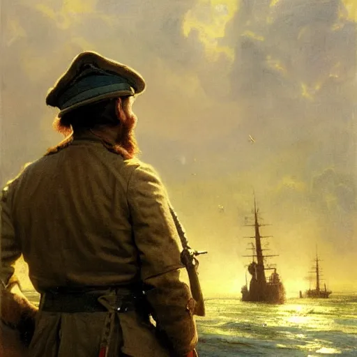 Image similar to detailed cinematic wide shot of swedish sea captain back view seeing his world war 2 battle ship attacking denmark, ultra realistic, spring light, painting by gaston bussiere, craig mullins, j. c. leyendecker