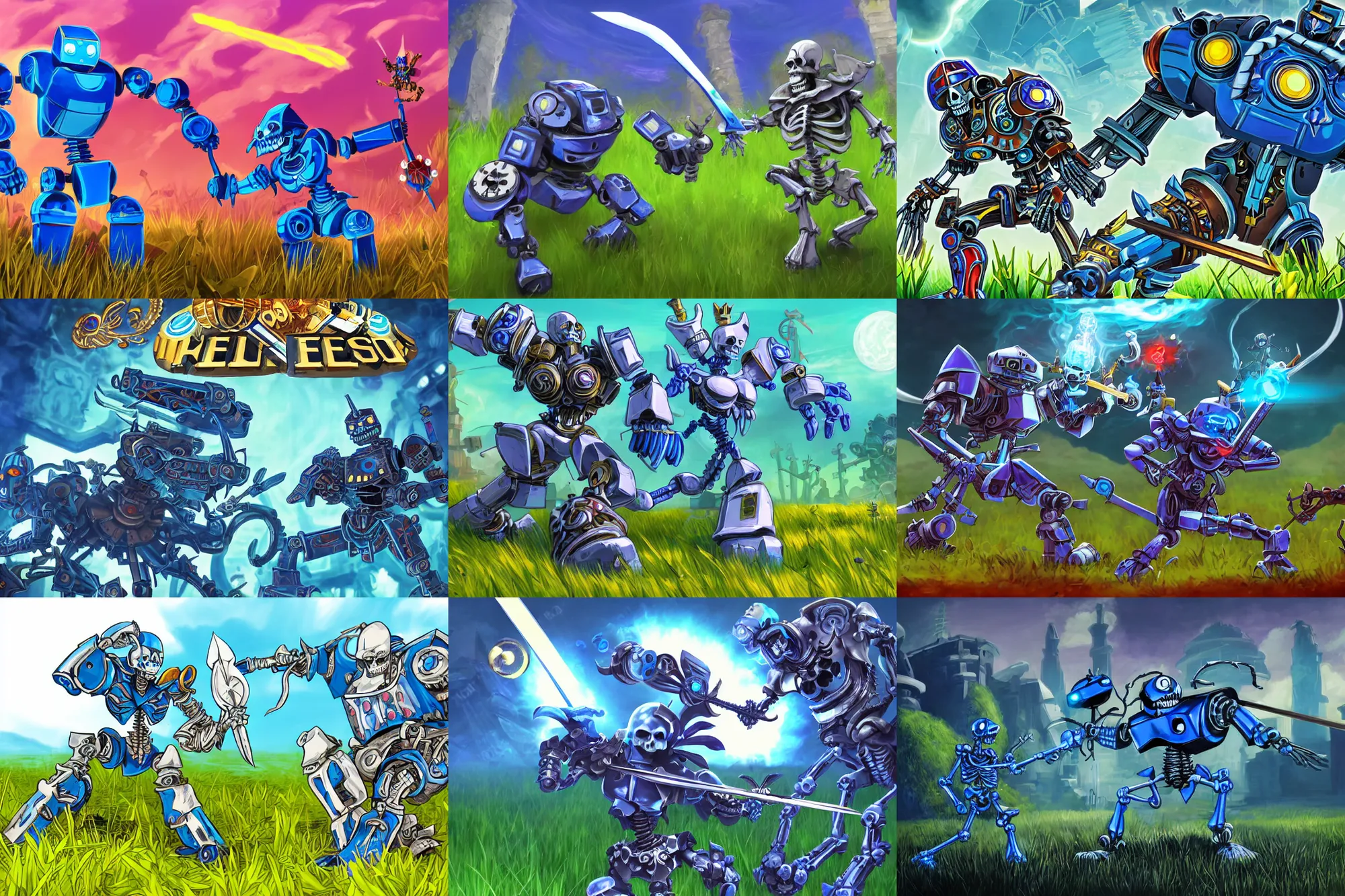 Prompt: a blue warrior robot with a slot machine reel chest, battling a skeleton with a sword. fantasy. promotional art for a video game on steam. casino. comic cartoon. battling in a grassy field. beautiful and simple.