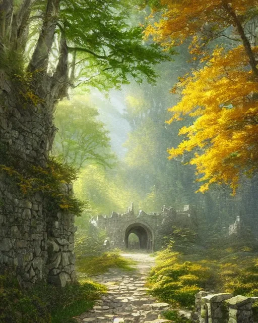 Prompt: a highly detailed watercolor painting by greg rutkowski and thomas kinkade of a stone path through a forest of green and yellow trees leading to a huge stone castle with a very large wooden door, highly detailed, watercolor, green, yellow, and grey color scheme