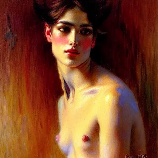 Image similar to beautiful oil portrait painting of androgynous person by gaston bussiere