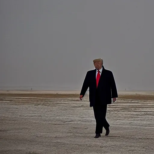 Image similar to donald trump walking in an empty wasteland, post - apocalyptic