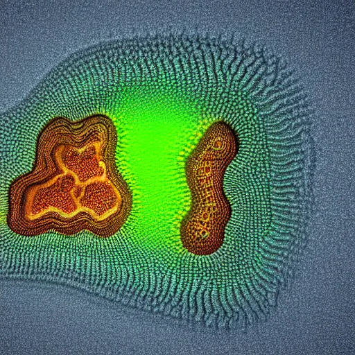 Prompt: highly detailed 3 d rendering in octane and vray of a colorful slime mold made of cellular automata according to golden ratio pattern floating in space. beautiful mystical lighting, mist, sigma 2 4 mm