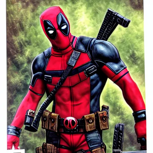 Prompt: photo of a photo pf a photo of deadpool by Justin Gerard