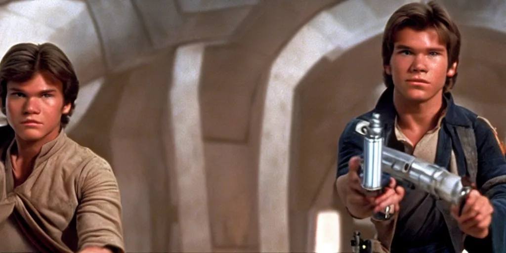 Image similar to A full color still from a film of a teenage Han Solo as a Jedi padawan holding a lightsaber hilt, inside a sci-fi building, from The Phantom Menace, directed by Steven Spielberg, 35mm 1990