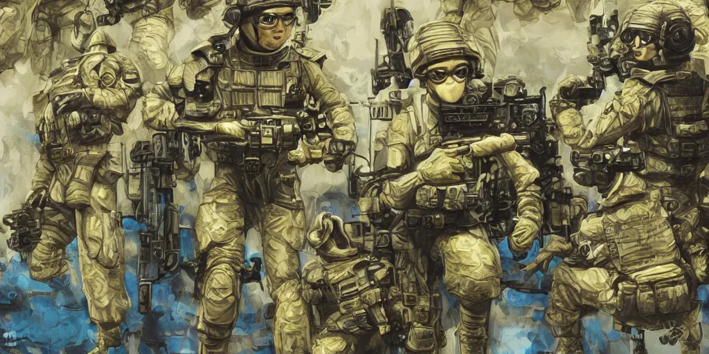 Image similar to military sci fi muppet special forces soldiers,inks,octane render photorealistic, blue,gold,white,black octane render, insanely detailed, realistic, + psychedelic, cosmic energy by Kelly McKernan, yoshitaka Amano, hiroshi yoshida, moebius, loish, artgerm, happy,joyful, painterly, symmetrical and detailed hyperdetailed 8k, moebius,steven wiltshire, , hyper detailed,high contrast,vivid psychedelic colors,, Neon Genesis Evangelion, mathematics and geometry, loony toons, saturated, sun rays + Laurie Greasley + Katsuhiro Otomo, Craig Mullins, 8k, octane render, trending on artstation, hyper detailed,