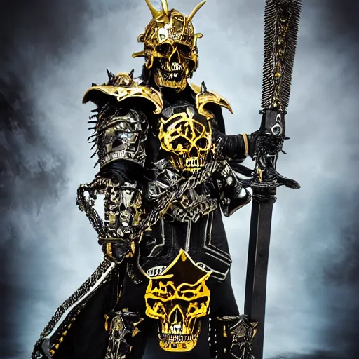 Image similar to lich king wearing black and gold armor with skulls and chains, holding a two handed sword with golden handle, wearing spiky helmet with mask