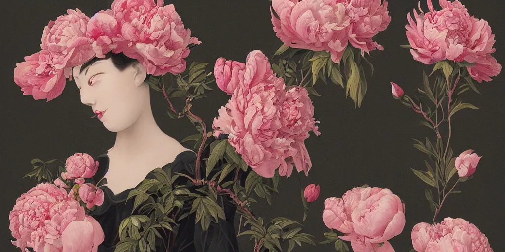 Image similar to breathtaking detailed concept art deco painting blend of pink short hair goddesses of peonies by hsiao - ron cheng with anxious piercing eyes, vintage illustration pattern with bizarre compositions blend of flowers and fruits and birds by beto val and john james audubon, exquisite detail, extremely moody lighting, 8 k