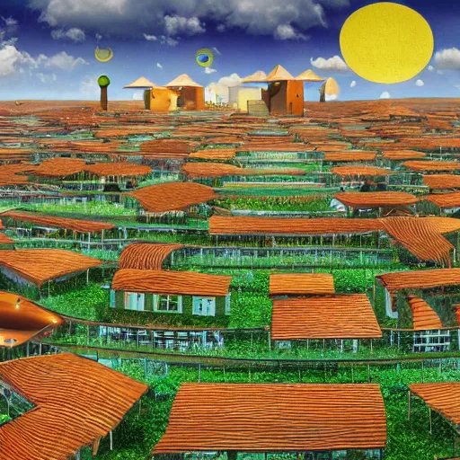 Image similar to solarpunk village with solarroofs, salvador dali style