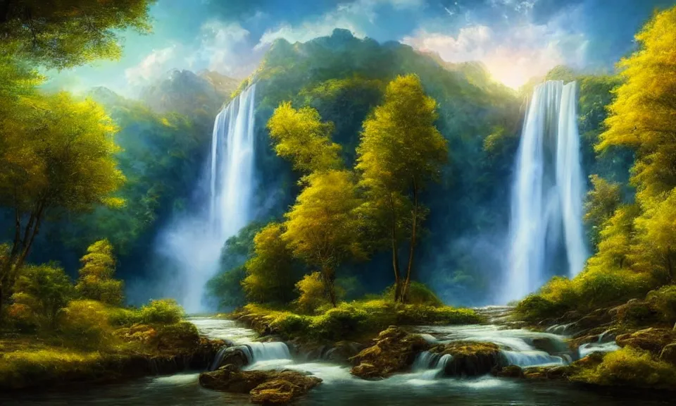 Prompt: the most beautiful panoramic landscape, oil painting, where a giant dreamy waterfall creates a river, the trees around are starting to bloom, shooting star, cinematic lighting, highly detailed, very realistic