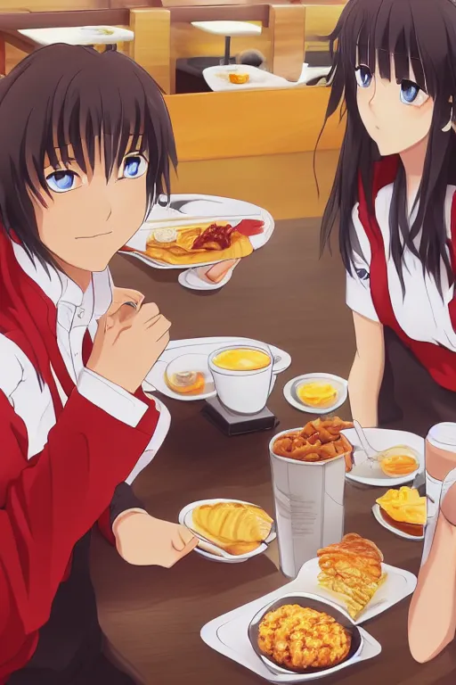 Image similar to a beautiful picture of people have breakfast in kfc, anime, detailed, 8 k