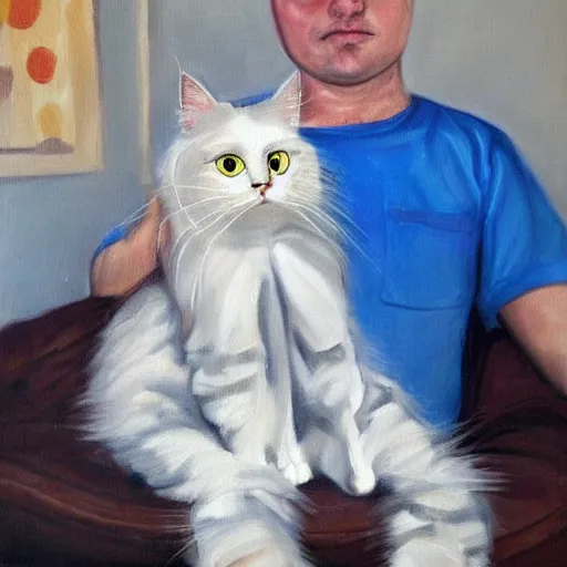 Prompt: a realist painting of a ragdoll cat on a man's lap - 4