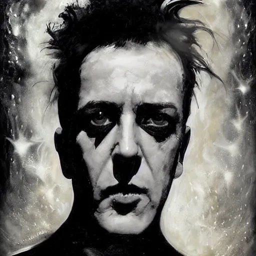 Image similar to stunning portrait of gaunt joe strummer a ( the cure fan ) as dream from sandman, dim stars as eyes, by jeremy mann, by cedric peyravernay, by by russ mills, by richard avedon and ben templesmith, dramatic lightning, sadness, dark eye sockets, in the shadows, punk rock, gothic, high detailed, 8 k