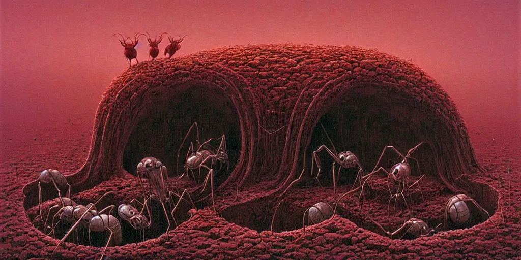 Prompt: tiny colony of red harvester ants nested inside the cavities of a large moose skull, Zdzislaw Beksinski, Wayne Barlowe, gothic, cosmic horror, dystopian, biomorphic, lovecraftian, amazing details, cold hue's