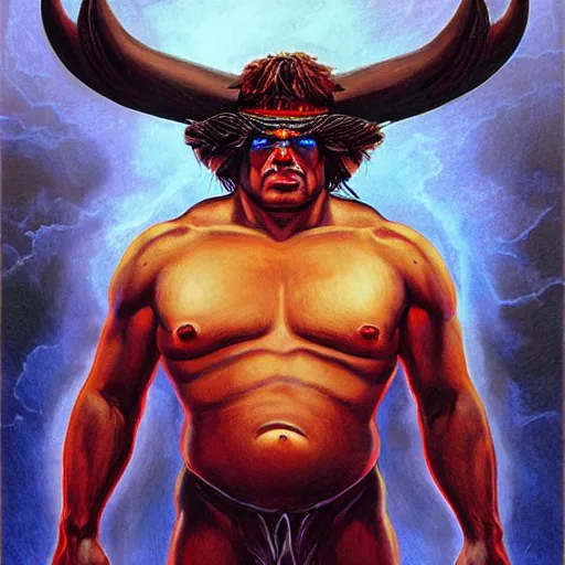 Image similar to Artwork by Brom, A large black bison with fiery eyes, Bison God, Ancient, a scene from the TV show, American Gods