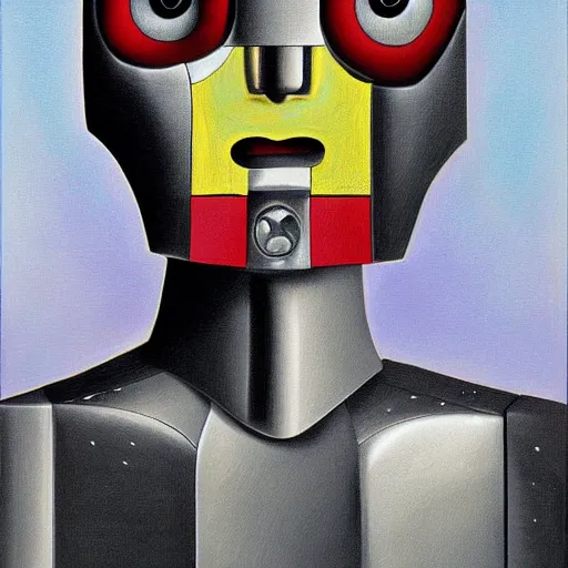 Image similar to half cyborg robot half human boy, surrealism painting art