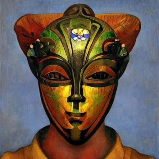 Image similar to head of a beautiful boy wearing a mask made of metal flowers, by diego rivera and john watkiss and annie swynnerton, art deco shaman, stylized flowers, art brut, symbolist, dramatic lighting, god rays, iridescent beetles, clean crisp graphics, smooth sharp focus, extremely detailed